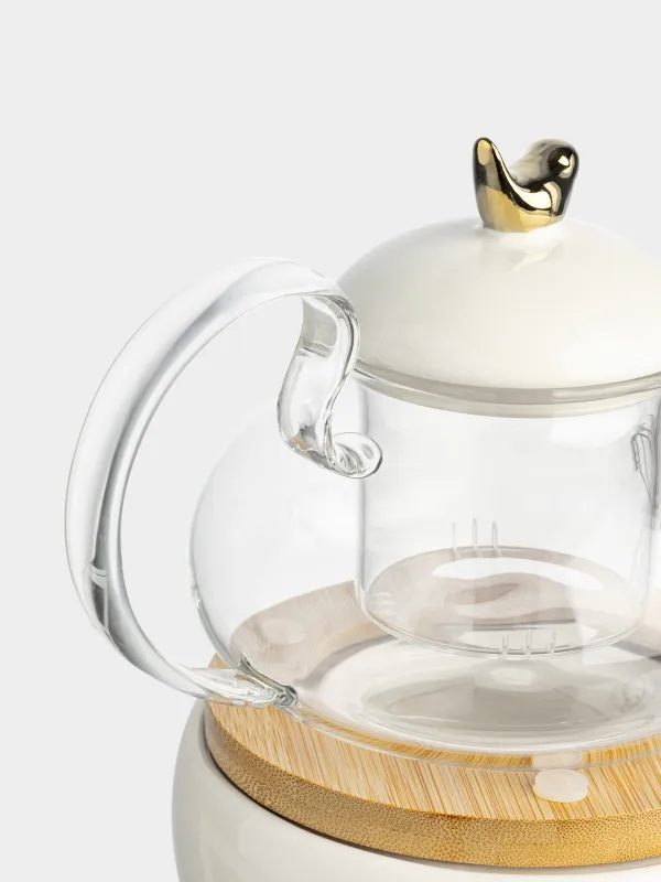 Чайник заварочный, 600 мл, с подогревом, стекло Б/фарфор P, белый, Птица, Ellan, image-3