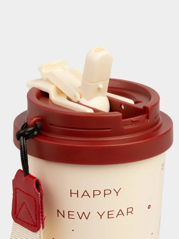 Термокружка, 500 мл, клапан/трубочка, с ремешком, сталь/пластик, бежево-красная, Ballad, image-4