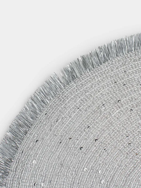 Салфетка под приборы, 38 см, с бахромой и пайетками, полиэстер, круглая, серебристая, Rotary shine, image-2