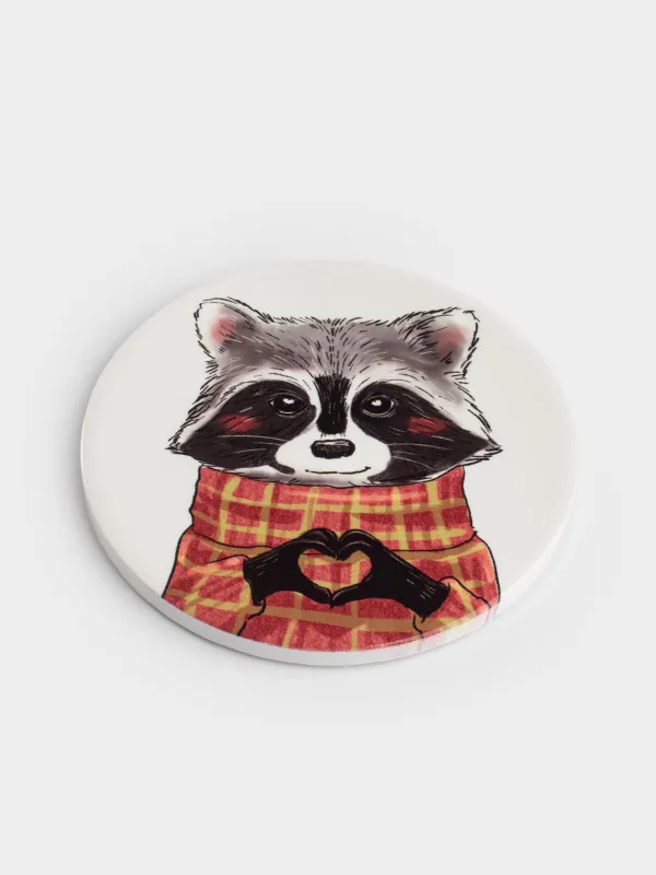 Подставка под кружку, 11 см, круглая, керамика/пробка, белая, Енот, Raccoon, image-1