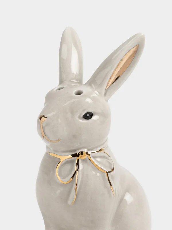 Емкость для соли или перца, 9 см, керамика D, бежево-золотистая, Кролик с бантом, Rabbit gold, image-1