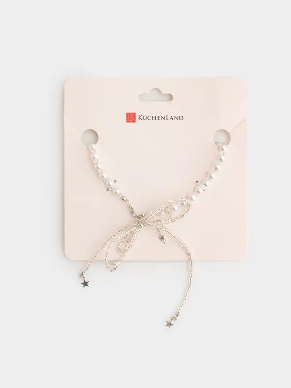 Колье, 52 см, пластик/стразы/металл, серебристое, Бант, Pearl, image-3