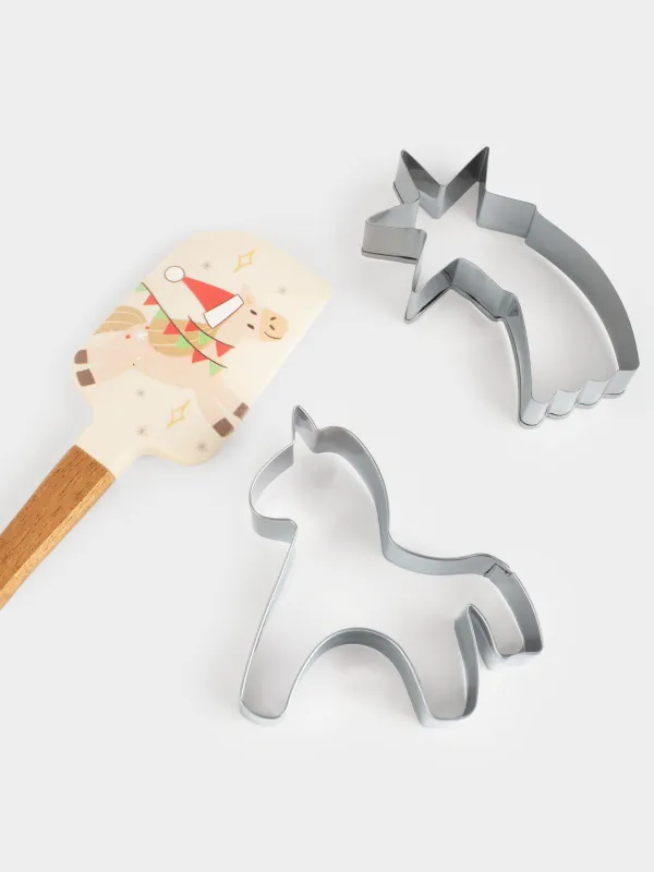 Набор для выпечки, 3 пр, лопатка/формы, силикон/дерево/сталь, Лошадка и кот, Christmas animals, image-3