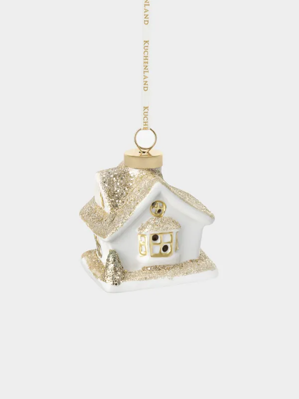 Игрушка елочная, 9 см, с подсветкой, фарфор P, бело-золотистая, Дом, Figure christmas, image-2