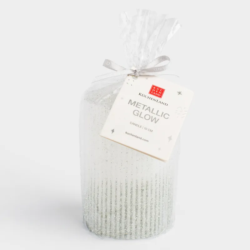 Свеча, 10 см, цилиндрическая, с блестками, бело-серебристая, Metallic glow, image-3