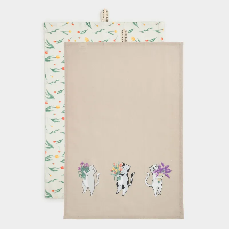 Полотенце кухонное, 40х60 см, 2 шт, хлопок, песочное/молочное, Коты и цветы, Cat flower