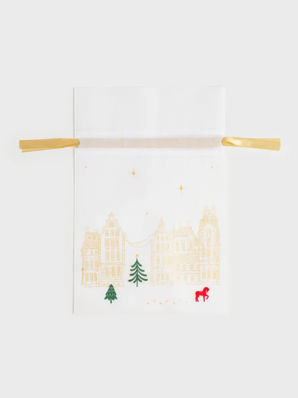 Мешок подарочный, 40х56 см, с завязками, полипропилен, белый, Домики и лошадь, Snow sparks, image-0