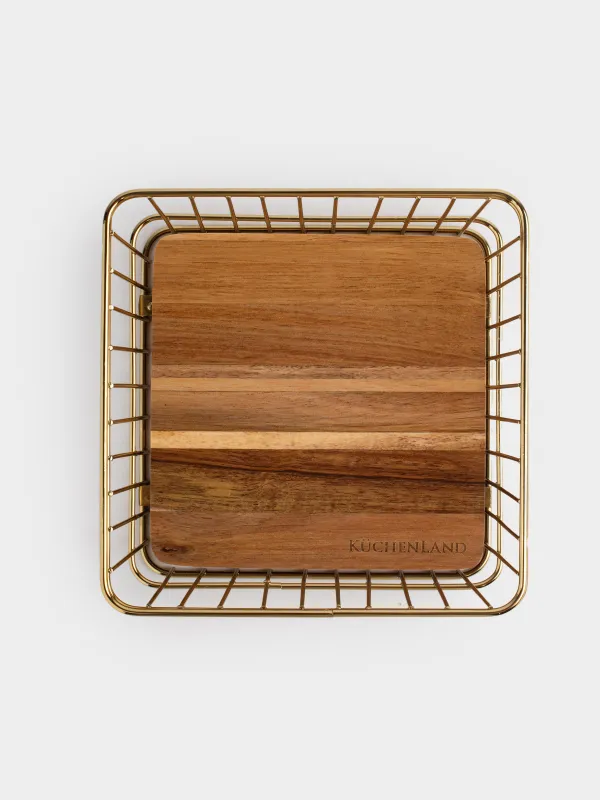 Корзина для хранения, 19х19 см, металл/дерево, квадратная, золотистая, Twist gold, image-3