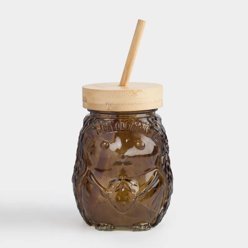 Банка для напитков, 550 мл, с крышкой и трубочкой, стекло, коричневая, Ежик, Forest animals