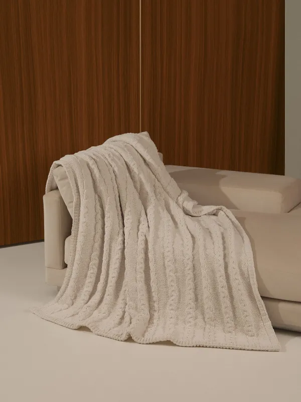 Плед, 130х170 см, вязаный, двусторонний, шенилл/шерпа, молочный, Knitting, image-0