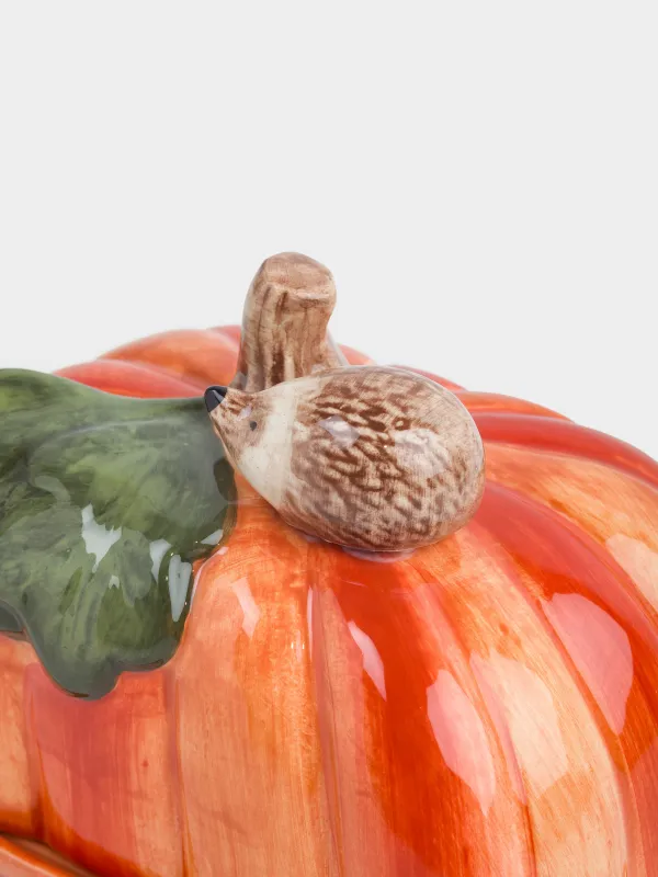 Масленка, 15 см, керамика, прямоугольная, оранжевая, Еж на тыкве, Forest symphony, image-3