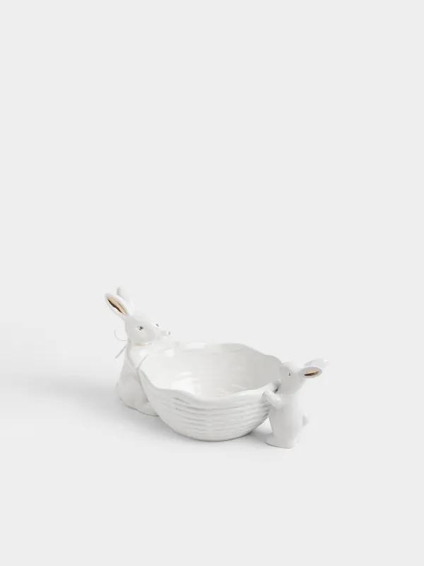 Конфетница, 28х14 см, 740 мл, керамика D, молочно-золотистая, Кролики с корзиной, Rabbit gold, image-4