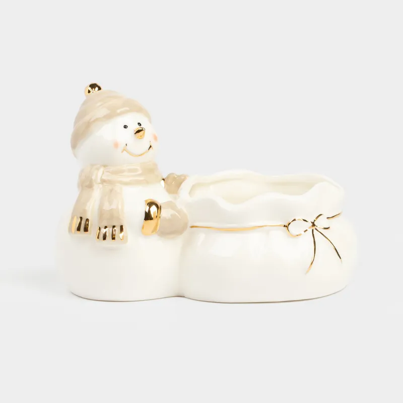Конфетница, 17х12 см, фарфор P, бело-бежевая, Снеговик с мешком, Snowy