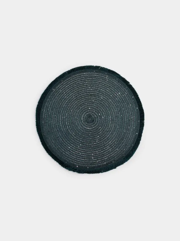 Салфетка под приборы, 38 см, с бахромой и пайетками, полиэстер, круглая, зеленая, Rotary shine, image-0