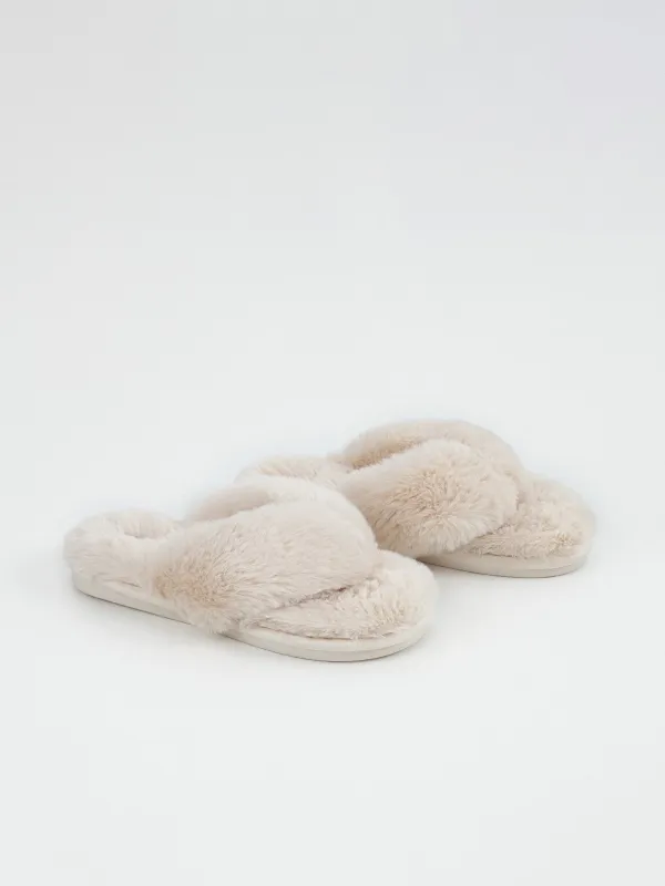 Тапочки женские, домашние, через палец, искусственный мех, молочные, Bushy, image-2