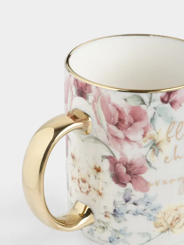 Кружка, 350 мл, фарфор N, бело-золотистая, Цветы, Flowers, image-2
