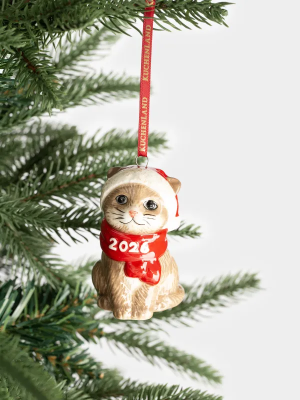 Игрушка елочная, 8 см, керамика, коричнево-красная, Кот в шарфе, Figure christmas, image-4