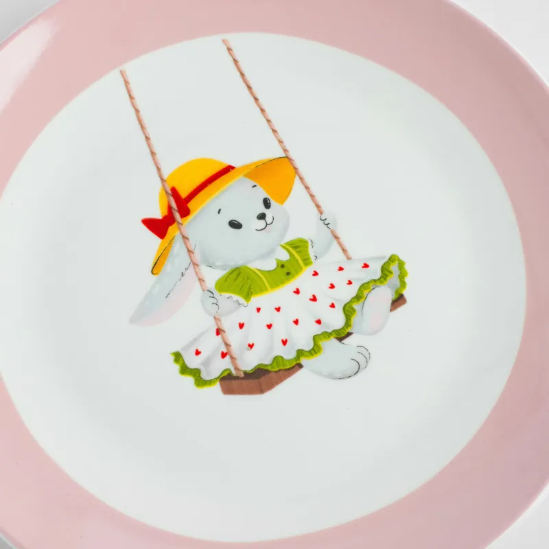 Тарелка закусочная, детская, 19 см, фарфор N, бело-розовая, Крольчиха на качелях, Ideas life, image-5