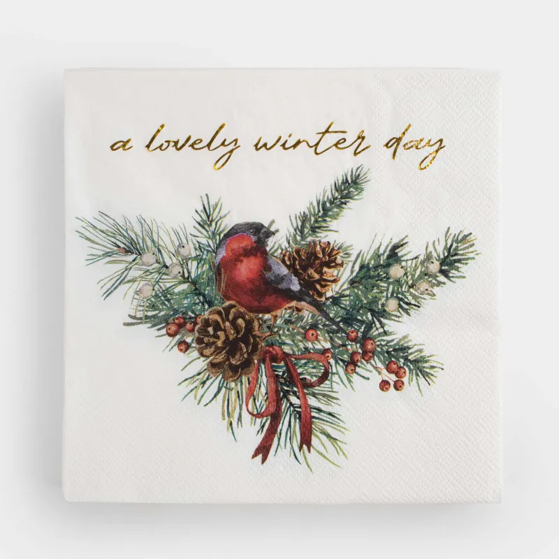 Салфетки бумажные, 33х33 см, 20 шт, квадратные, белые, Снегирь на ветке, Christmas miracle