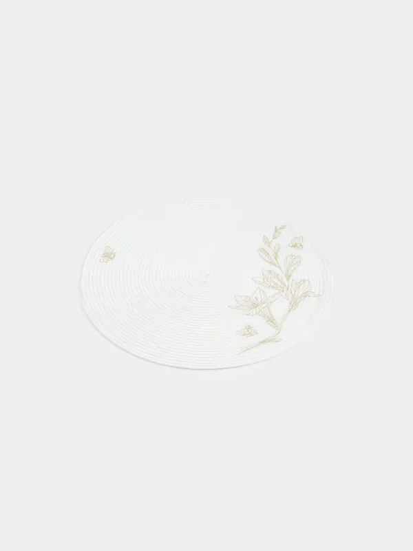 Салфетка под приборы, 38 см, полипропилен/ПЭТ, круглая, молочная, Цветы и пчелы, Circle embroidery, image-1