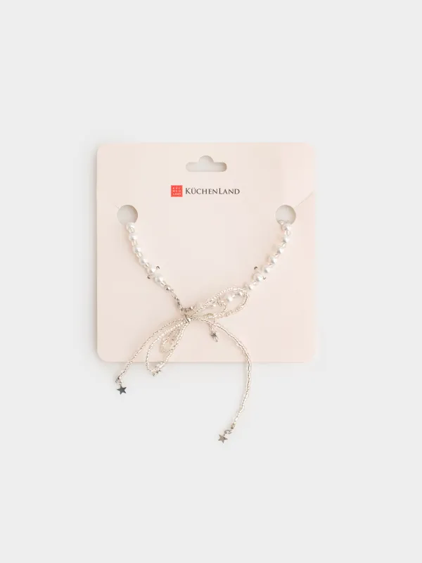 Колье, 52 см, пластик/стразы/металл, серебристое, Бант, Pearl, image-3