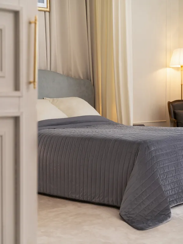 Покрывало, 220х240 см, стеганое, вельвет/микрофибра, серое, Stitch velvet, image-4