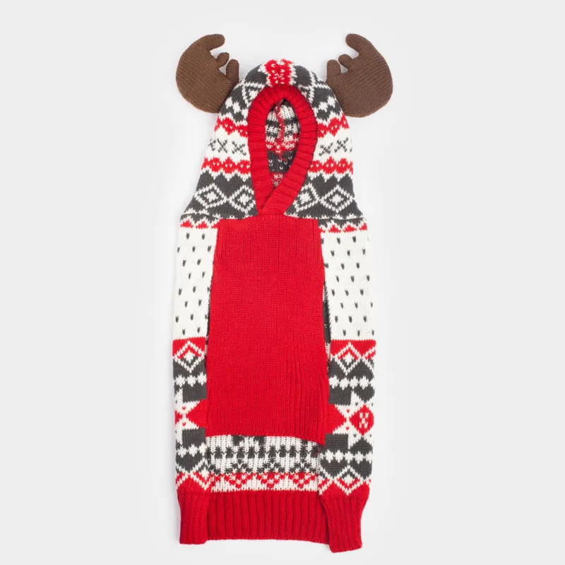 Свитер для животных, 38 см, р. M, с капюшоном, акрил, бело-красный, Зимний узор, Fashion pet