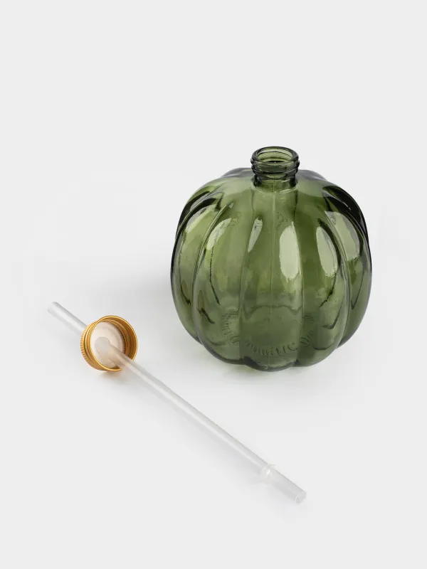 Банка для напитков, 600 мл, с крышкой и трубочкой, стекло, зеленая, Тыква, Pumpkin, image-1