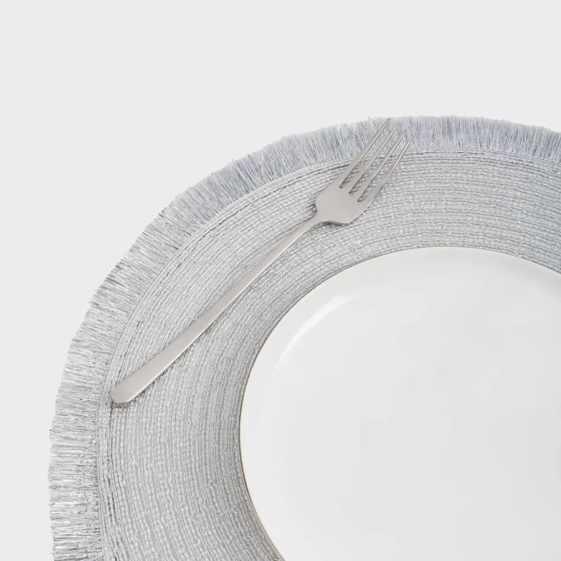 Салфетка под приборы, 38 см, с бахромой, полиэстер, круглая, серебристая, Rotary shine, image-3