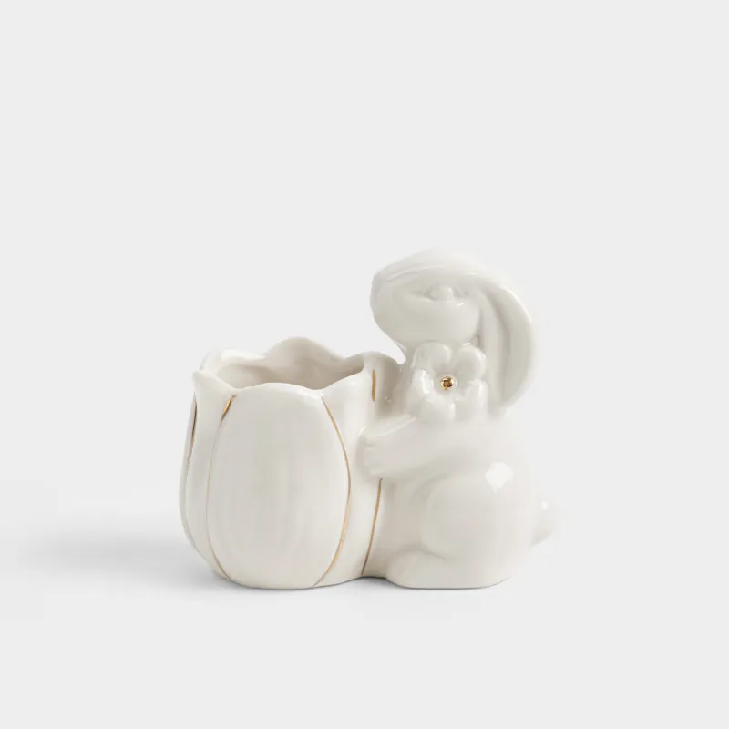 Подставка для зубочисток, 9 см, фарфор P, молочно-золотистая, Кролик с цветком, Flora Easter