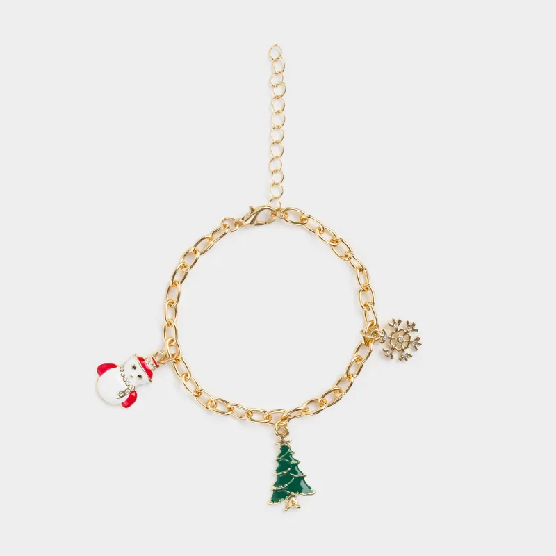 Браслет, 23 см, с подвесками, металл, золотистый, Елка и снеговик, Jewelry christmas