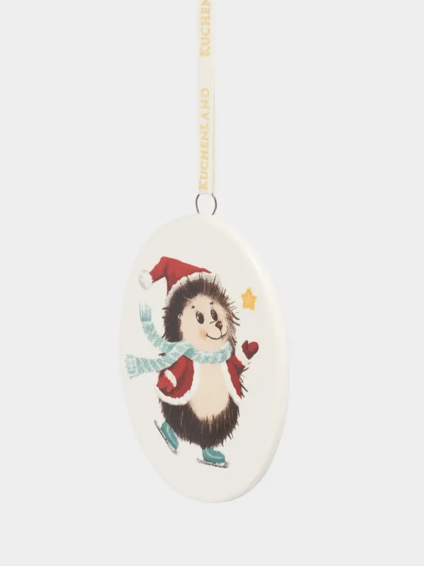Игрушка елочная, 8 см, керамика, белая, Еж на коньках, Hedgehog christmas, image-1