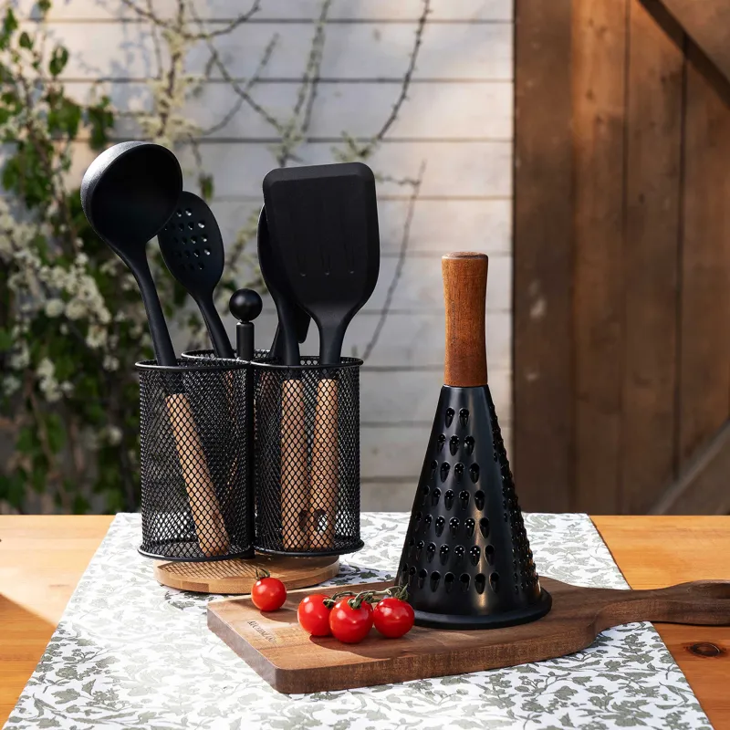 Подставка для кухонных принадлежностей, 15 см, 3 отд, с ручкой, металл/бамбук, черная, X-Loft, image-6