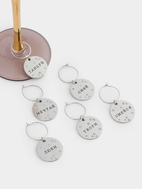 Подвеска для бокала, 6 шт, металл/стразы, серебристая, Пожелания на медальоне, Fantastic, image-3