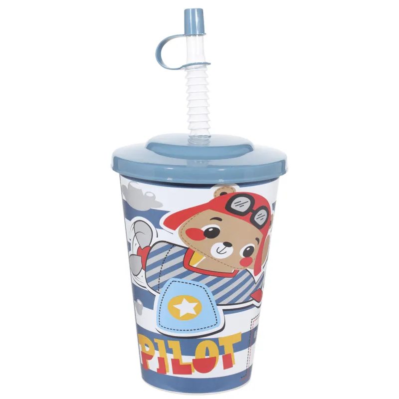 Стакан, детский, 12 см, 500 мл, с крышкой и трубочкой, пластик, бело-синий, Мишка-пилот, Childhood, image-0