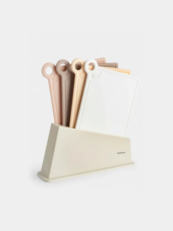 Доска разделочная, 35х32 см, 4 шт, в подставке, пластик, бежевый микс, Galori, image-0