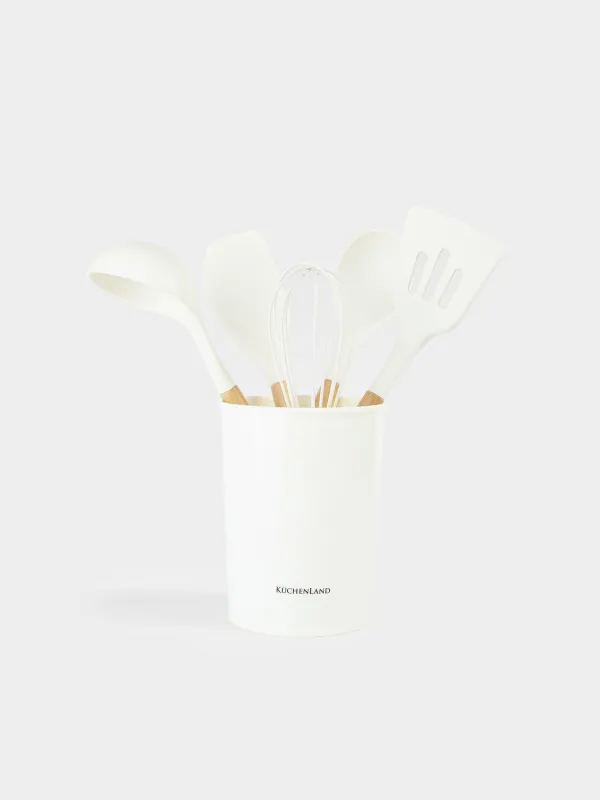 Набор кухонных принадлежностей, 5 пр, в подставке, дерево/силикон, молочный, Weekend, image-0