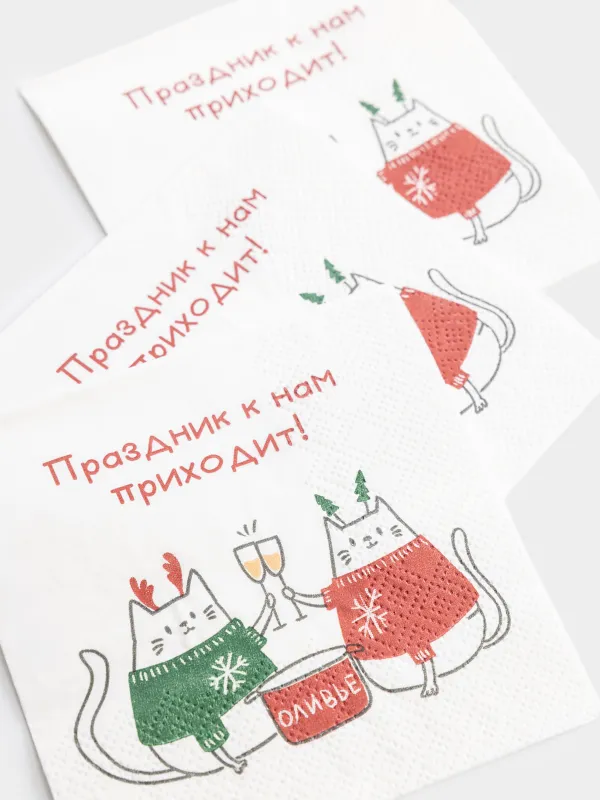 Салфетки бумажные, 21х21 см, 20 шт, Новогодние коты, Christmas cat, image-2