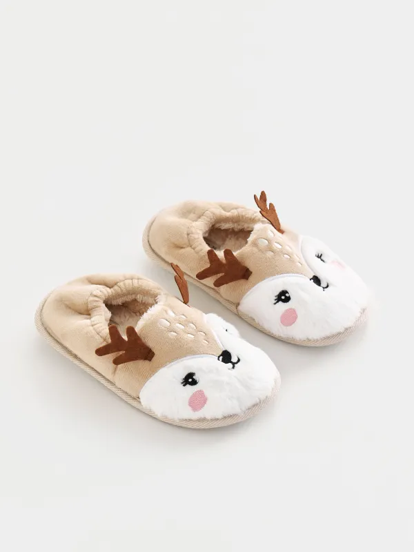 Тапочки детские, домашние, флис, бежево-белые, Олени, Generous, image-3