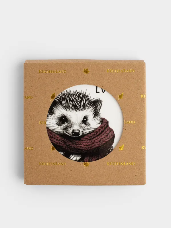 Подставка под кружку, 11 см, круглая, керамика/пробка, белая, Ежик в шарфе, Forest animals, image-3