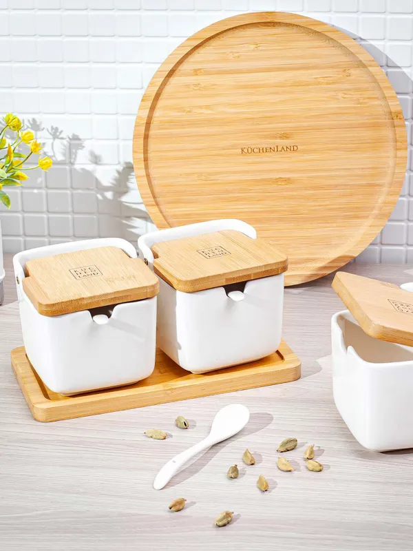 Банка для сыпучих продуктов, 250 мл, 2 шт, с ложками, на подставке, керамика/бамбук, белая, Keep, image-7