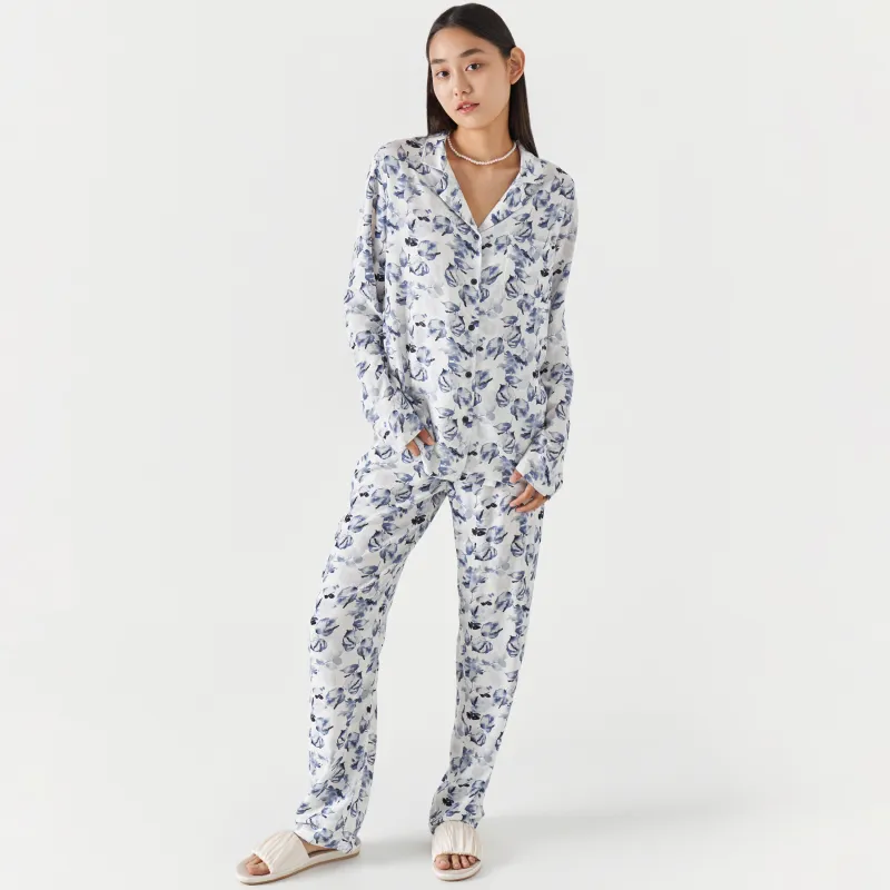 Брюки женские, вискоза, бело-синие, Листья, Lori