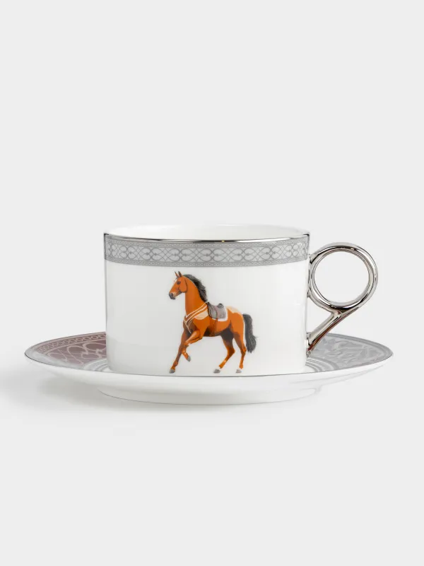 Пара чайная, 1 перс, 2 пр, 290 мл, фарфор F, бело-бордовая, с серебристым кантом, Лошадь, Breton horse, image-0