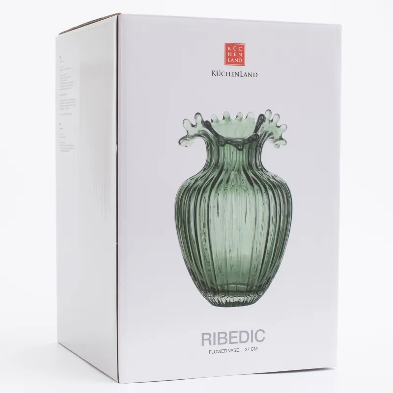 Ваза для цветов, 27 см, стекло, зеленая, Ribedic, image-9