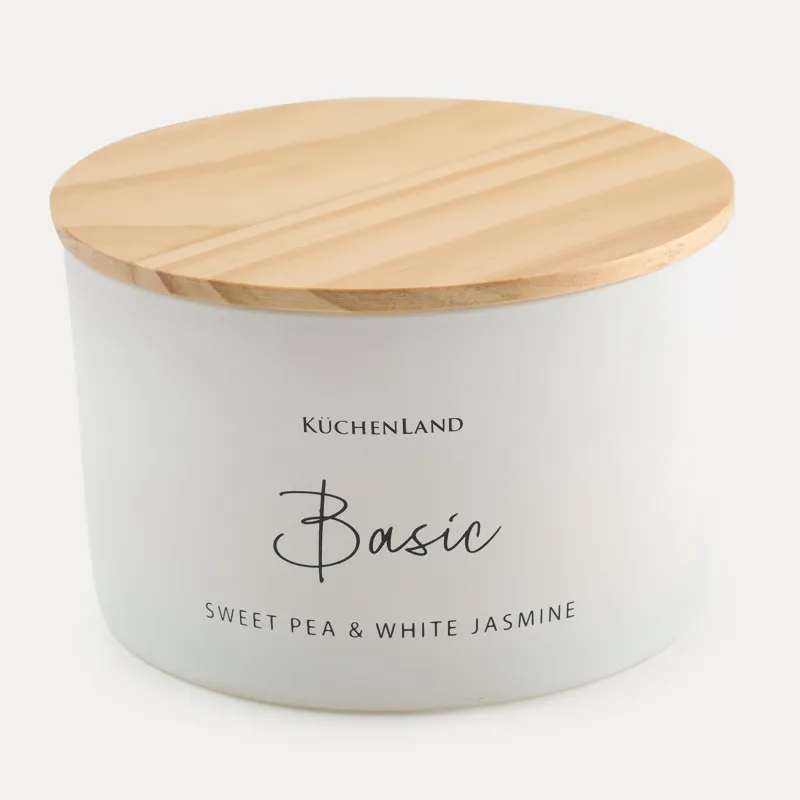 Свеча ароматическая, 13 см, три фитиля, в подсвечнике, с крышкой, стекло, Sweet Pea&White Jasmine, Basic, image-1