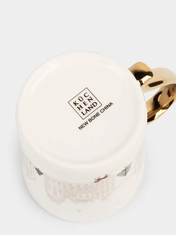 Кружка, 390 мл, фарфор N, молочно-золотистая, Домики и лошадь, Snow sparks, image-4