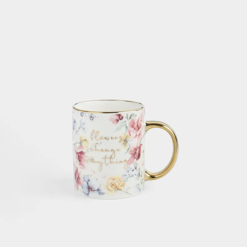 Кружка, 350 мл, фарфор N, бело-золотистая, Цветы, Flowers