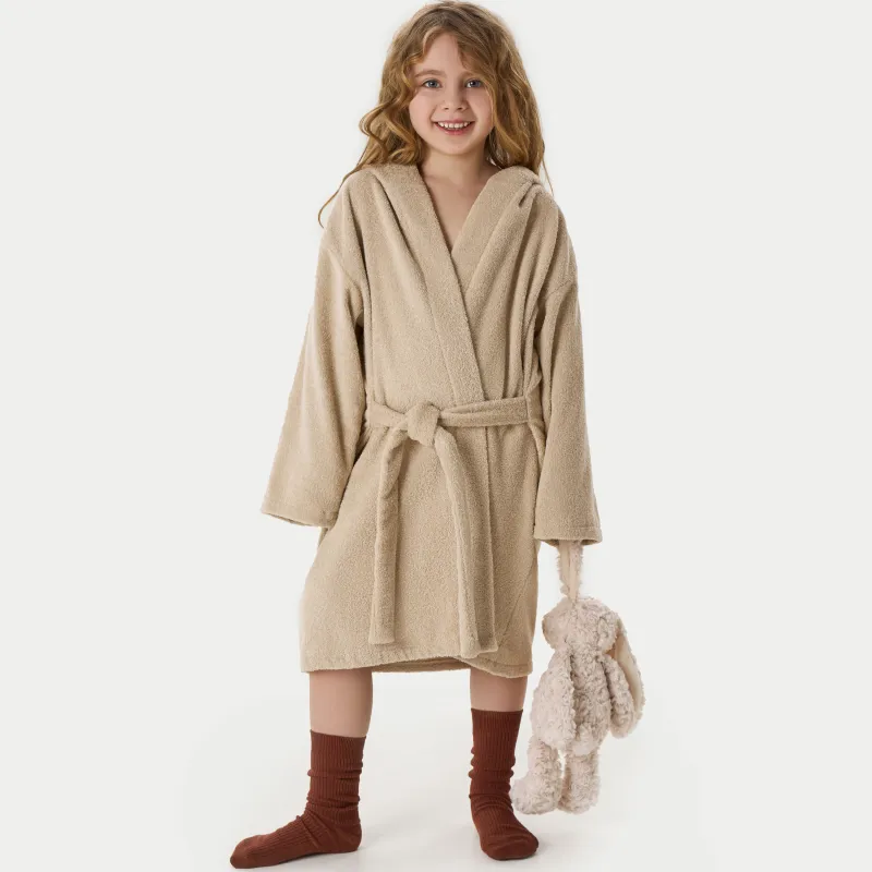Халат детский, с длинным рукавом, с капюшоном, хлопок, бежевый, Ушки, Teddy