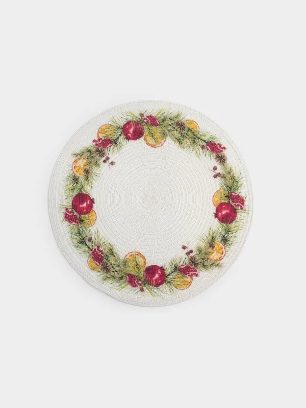 Салфетка под приборы, 38 см, полиэстер, круглая, белая, Гранаты и апельсины, Rotary print, image-0