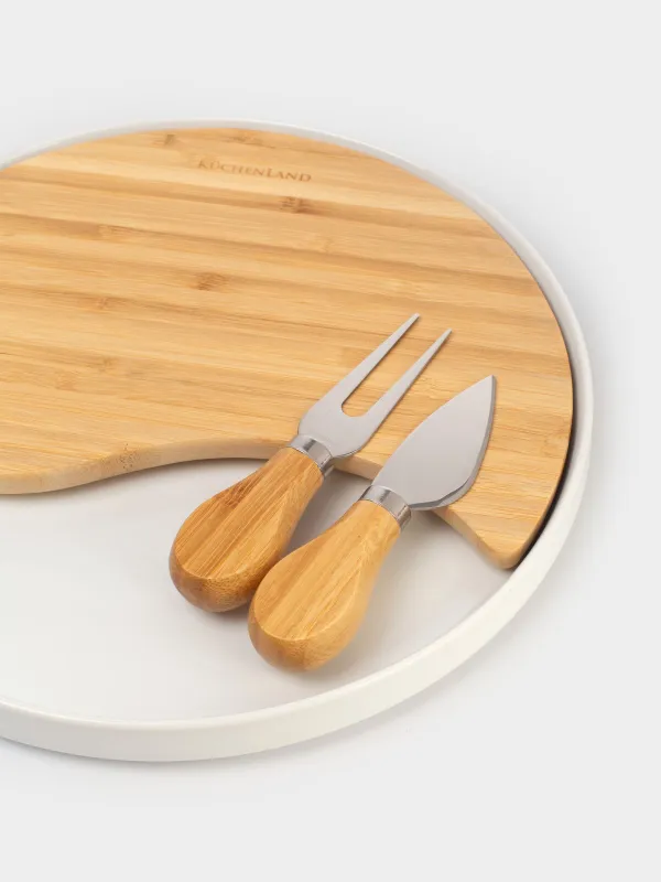 Набор для сыра, 4 пр, блюдо-доска на подставке, керамика/бамбук, Круг, Cheese, image-3